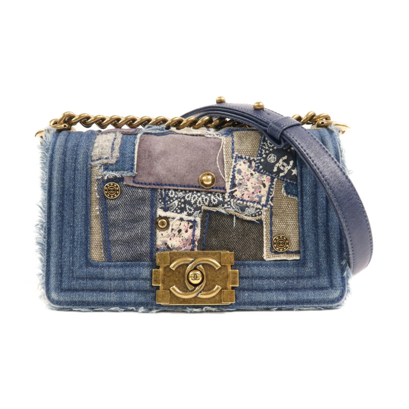 CHANEL 牛仔布Boy 20金扣肩背袋-0