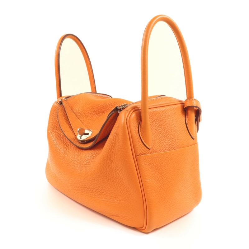 HERMES Clemence皮革Lindy 26銀扣手挽肩背兩用袋Orange-2