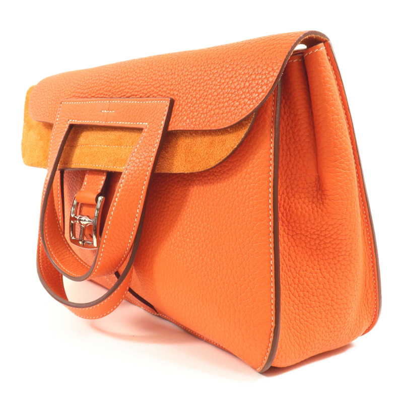 HERMES Clemence皮革Halzan 31銀扣手挽肩背兩用袋Orange-2