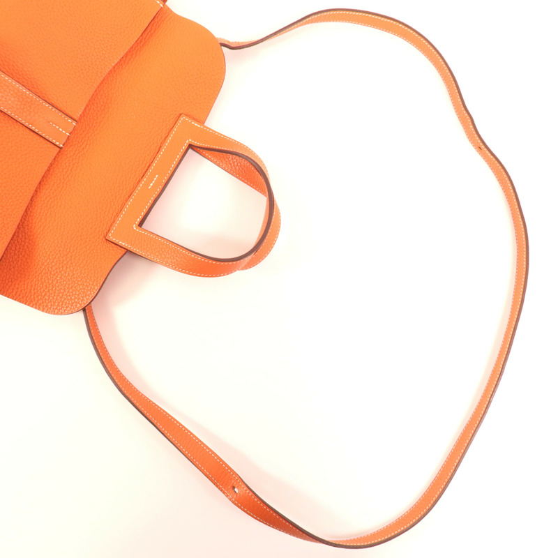 HERMES Clemence皮革Halzan 31銀扣手挽肩背兩用袋Orange-4
