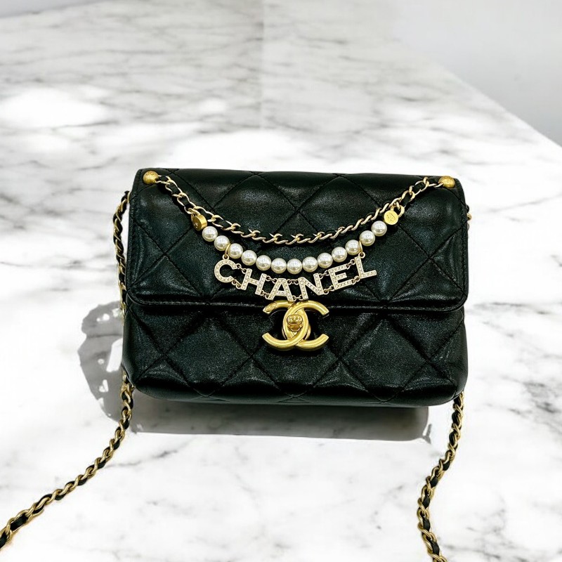 莉亞精品♡CHANEL 珍珠字母鏈方胖 九新美包-0