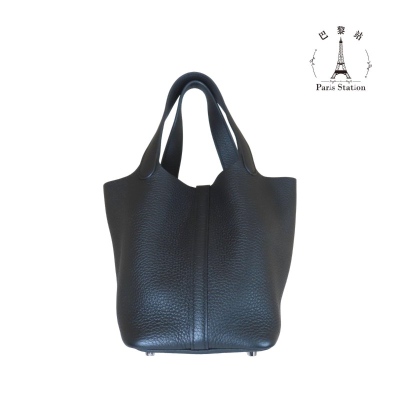 【巴黎站二手名牌專賣店】*現貨*HERMES 愛馬仕 真品*U刻 PICOTIN 18黑色牛皮銀釦手提包 菜籃子-1