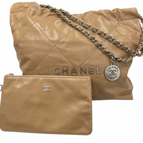 CHANEL 香奈兒 22托特包 小號 垃圾袋 油蠟皮 奶茶色 銀釦