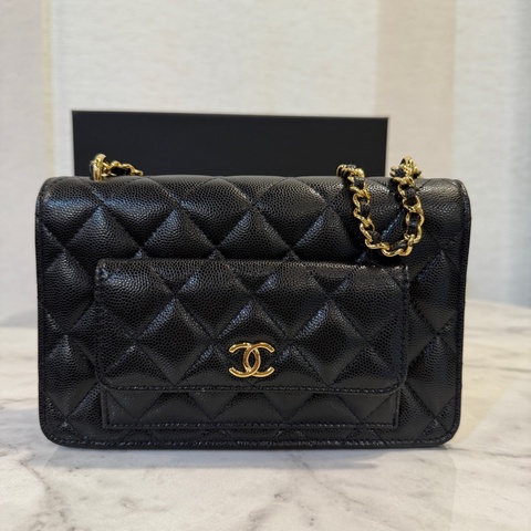 Chanel 黑荔枝皮金釦肩斜背WOC AP3464