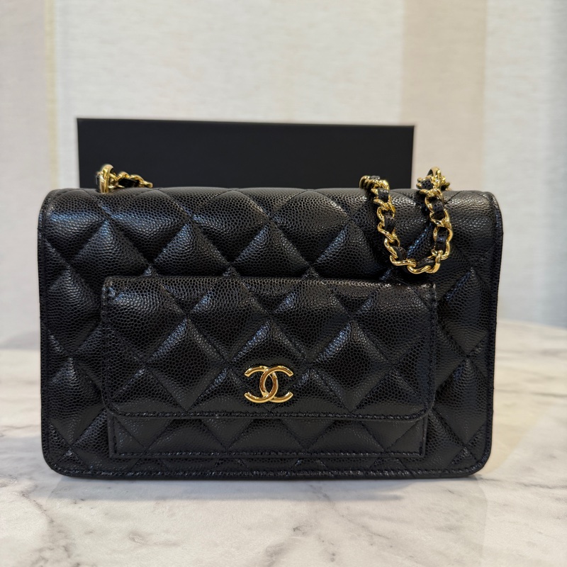 Chanel 黑荔枝皮金釦肩斜背WOC AP3464-0