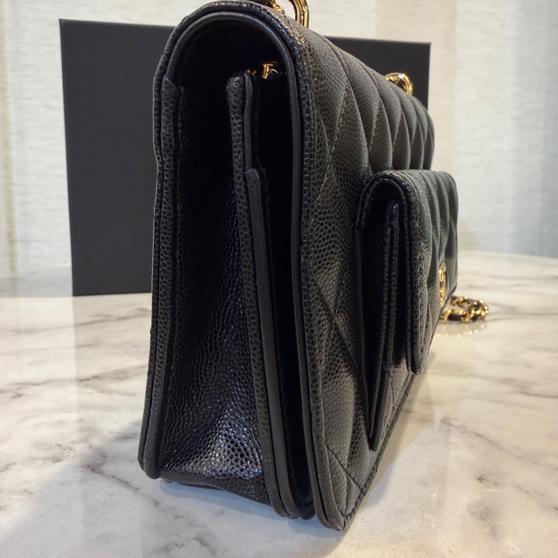 Chanel 黑荔枝皮金釦肩斜背WOC AP3464-2