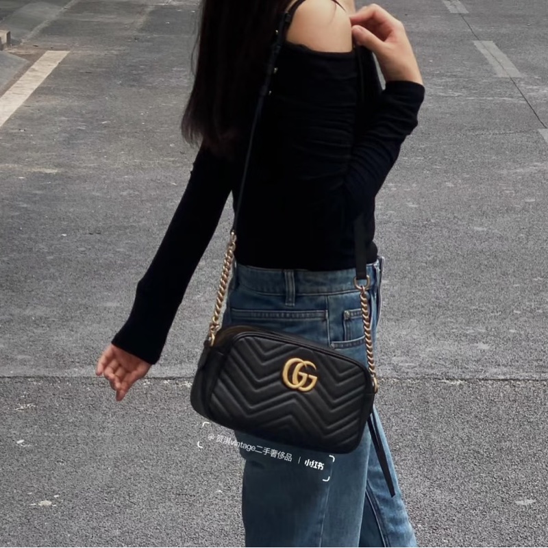 莉亞精品♡GUCCI 馬夢相機包 黑金 二手-1