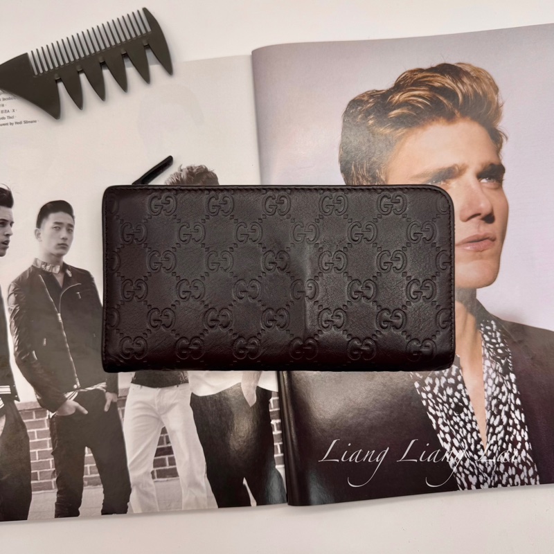 GUCCI GG 壓紋皮革半全開拉鍊深咖啡色長夾-1