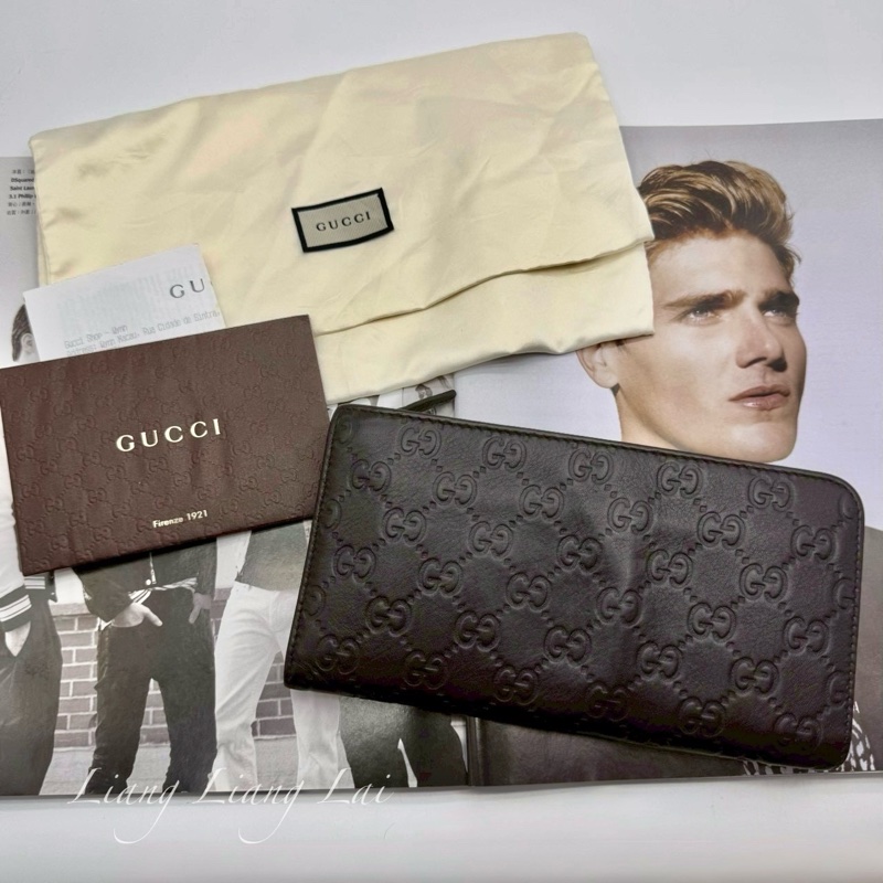 GUCCI GG 壓紋皮革半全開拉鍊深咖啡色長夾-4