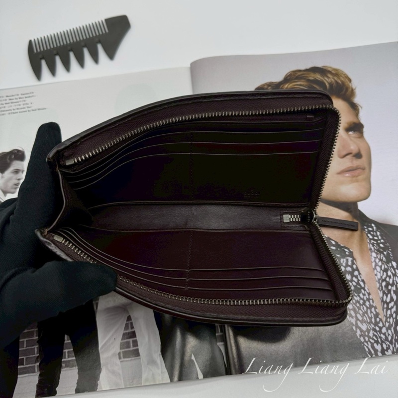 GUCCI GG 壓紋皮革半全開拉鍊深咖啡色長夾-5