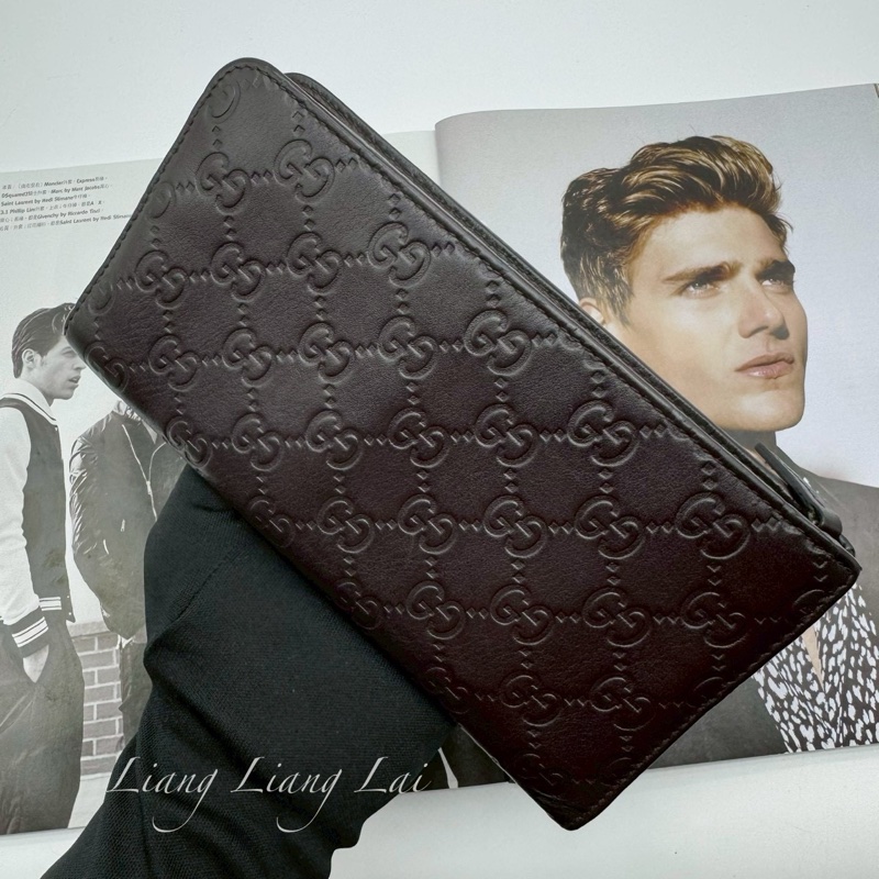 GUCCI GG 壓紋皮革半全開拉鍊深咖啡色長夾-12