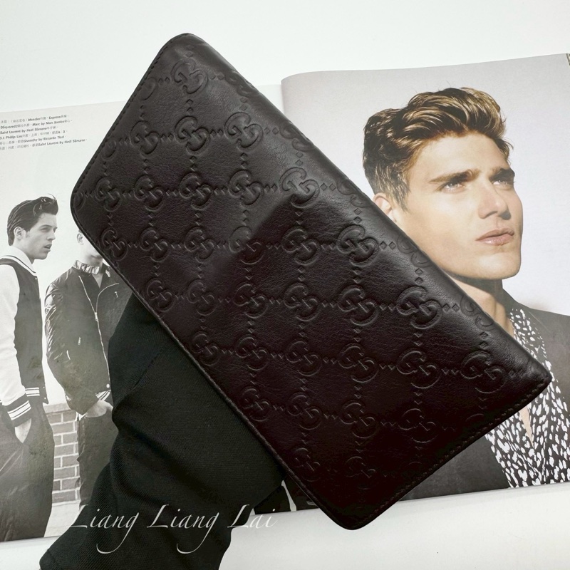 GUCCI GG 壓紋皮革半全開拉鍊深咖啡色長夾-13