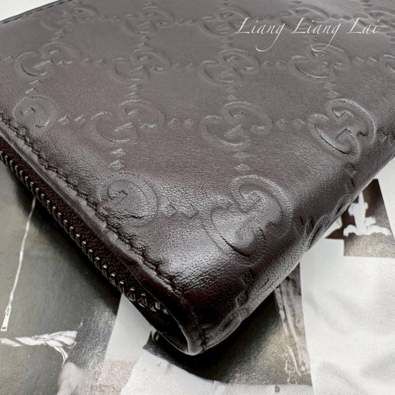 GUCCI GG 壓紋皮革半全開拉鍊深咖啡色長夾-18