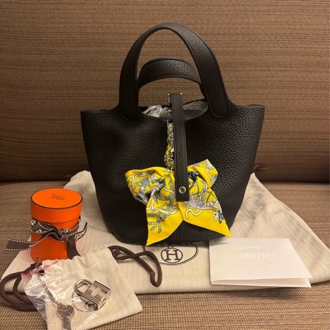 HERMES Picotin18 黑銀 stamp Y正品絲帶贈送