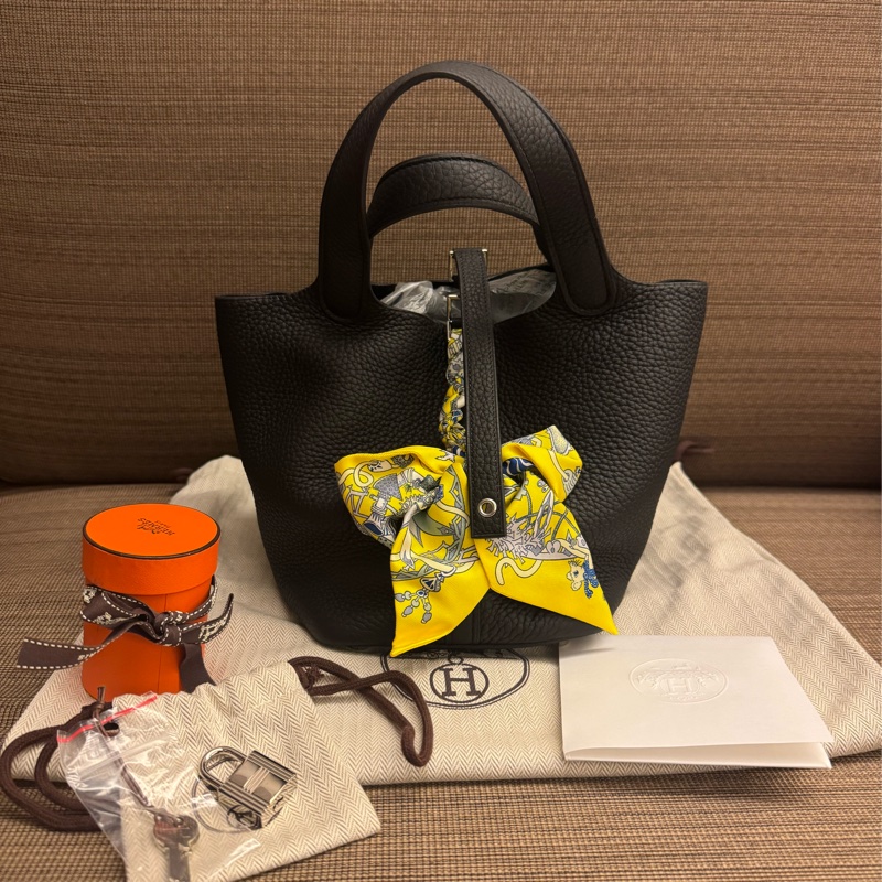 HERMES Picotin18 黑銀 stamp Y正品絲帶贈送-0