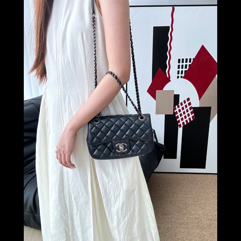 Chanel香奈兒 黑銀做舊 油蠟牛皮 mini  flap easy coco cf-13