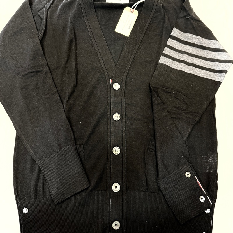 全新未使用品-Thom Browne 黑色4 Bar(灰)開襟羊毛上衣-0