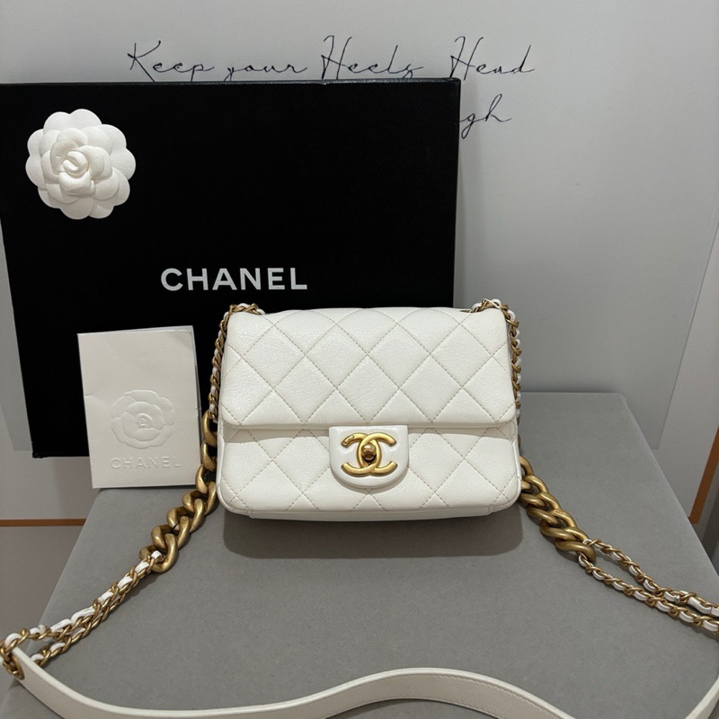 ✨Chanel 白色金扣 小羊皮 方胖子 99新 晶片款🤍-1