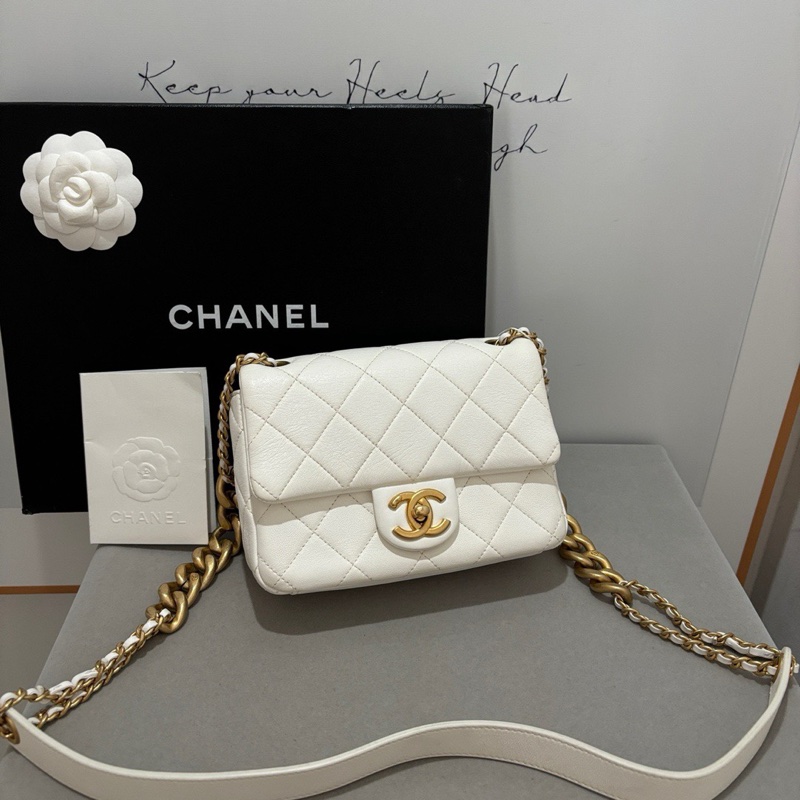 ✨Chanel 白色金扣 小羊皮 方胖子 99新 晶片款🤍-2