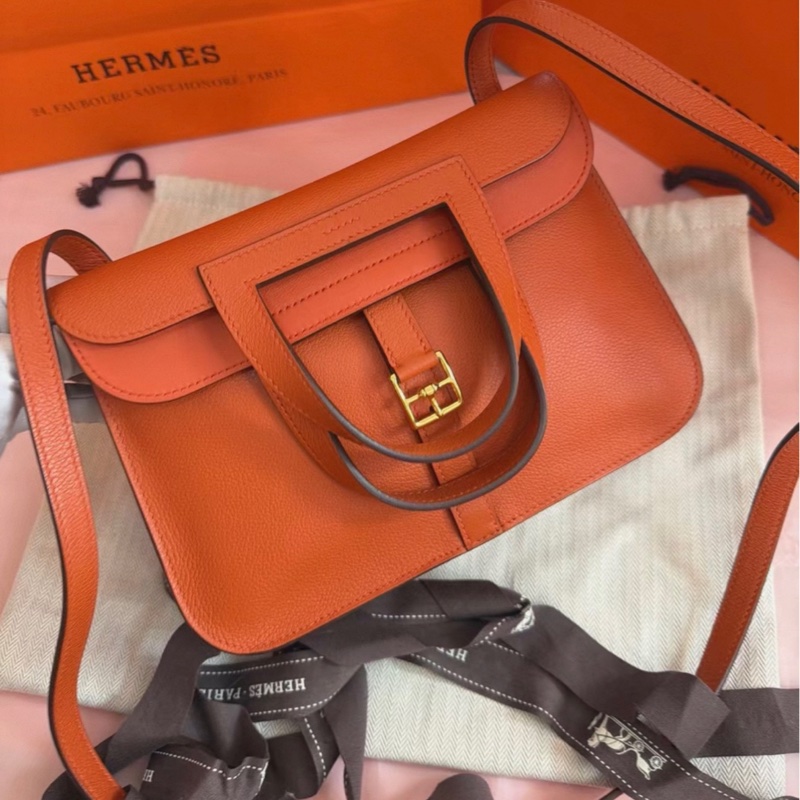 Hermes愛馬仕橙色金扣halzan 25 Z刻 TC牛皮細膩耐磨、不易划痕。底長24cm-0