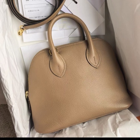 有購証🩷 愛馬仕Hermes  Mini Bolide 保齡球 奶茶色金扣  Evercolor皮 U刻國專大全套