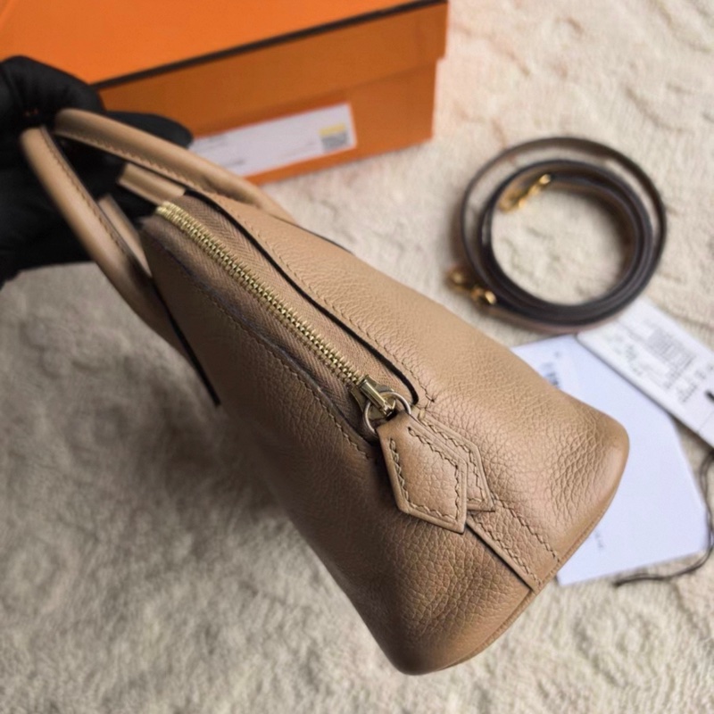 有購証🩷 愛馬仕Hermes  Mini Bolide 保齡球 奶茶色金扣  Evercolor皮 U刻國專大全套-7