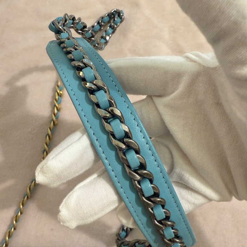 CHANEL 19 淺藍綠色牛仔 金銀雙色鏈條包 斜背小廢包 31開-3