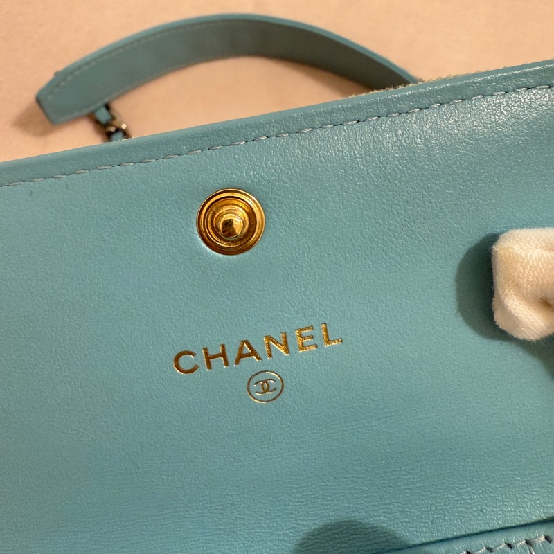 CHANEL 19 淺藍綠色牛仔 金銀雙色鏈條包 斜背小廢包 31開-14