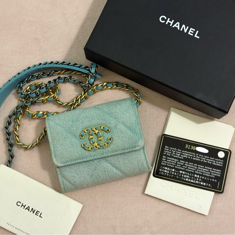 (特價!不到4萬5買CHANEL 19系列 聖誕節優惠再折1500!!)CHANEL 19 淺藍綠色牛仔 金銀雙色鏈條包 斜背小廢包 31開-7