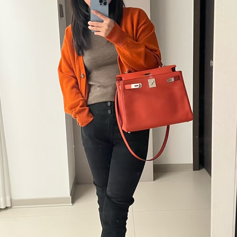 99新五金帶膜🌟 #愛馬仕 #kelly28 #磚紅色 #銀釦 #TC皮 K28-1