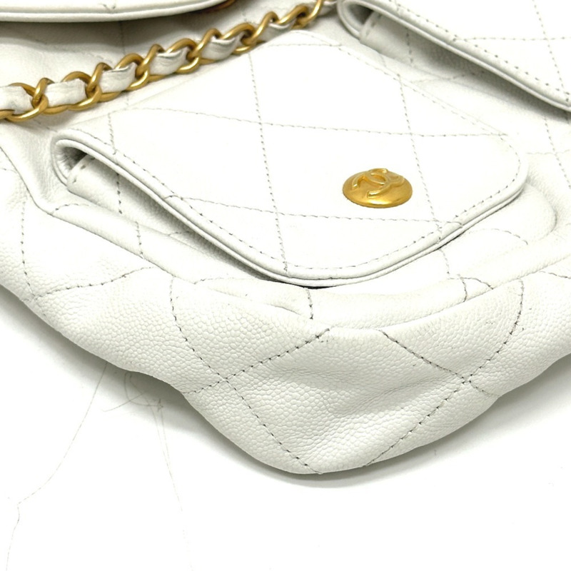 香奈兒 AS5384B 絎縫雙口袋兩用單肩包，魚子醬紋皮革，白色-4