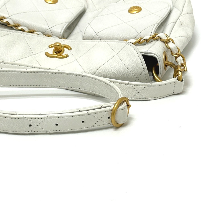 香奈兒 AS5384B 絎縫雙口袋兩用單肩包，魚子醬紋皮革，白色-5