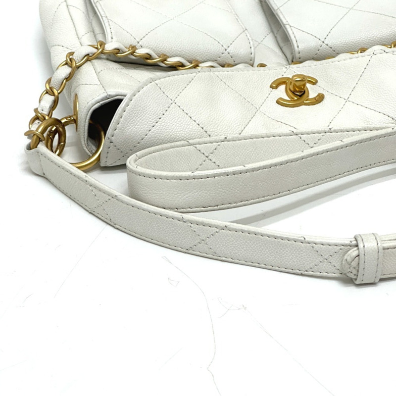 香奈兒 AS5384B 絎縫雙口袋兩用單肩包，魚子醬紋皮革，白色-6