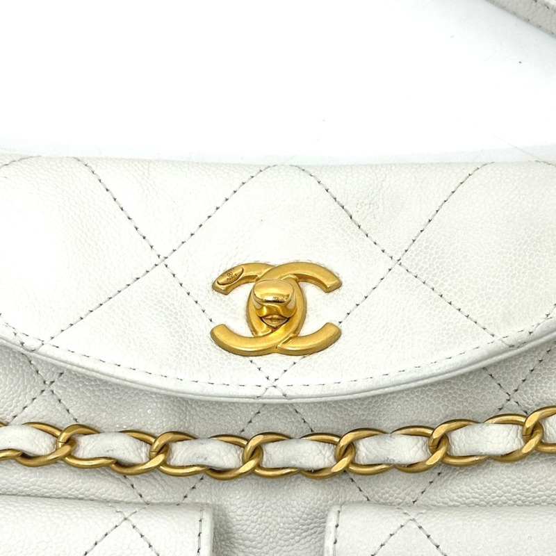 香奈兒 AS5384B 絎縫雙口袋兩用單肩包，魚子醬紋皮革，白色-7