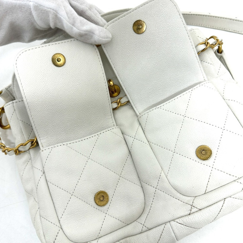 香奈兒 AS5384B 絎縫雙口袋兩用單肩包，魚子醬紋皮革，白色-15