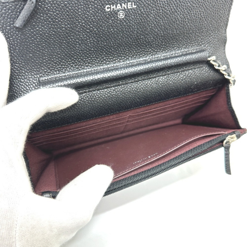 香奈兒 AP0250 魚子醬紋皮革絎縫鏈條錢包單背包，黑色-9