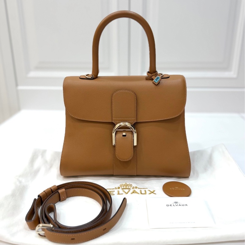 Delvaux 牛皮皮革Brillant MM 金扣 金棕色 手提包 肩背包 側背包 斜背包-0