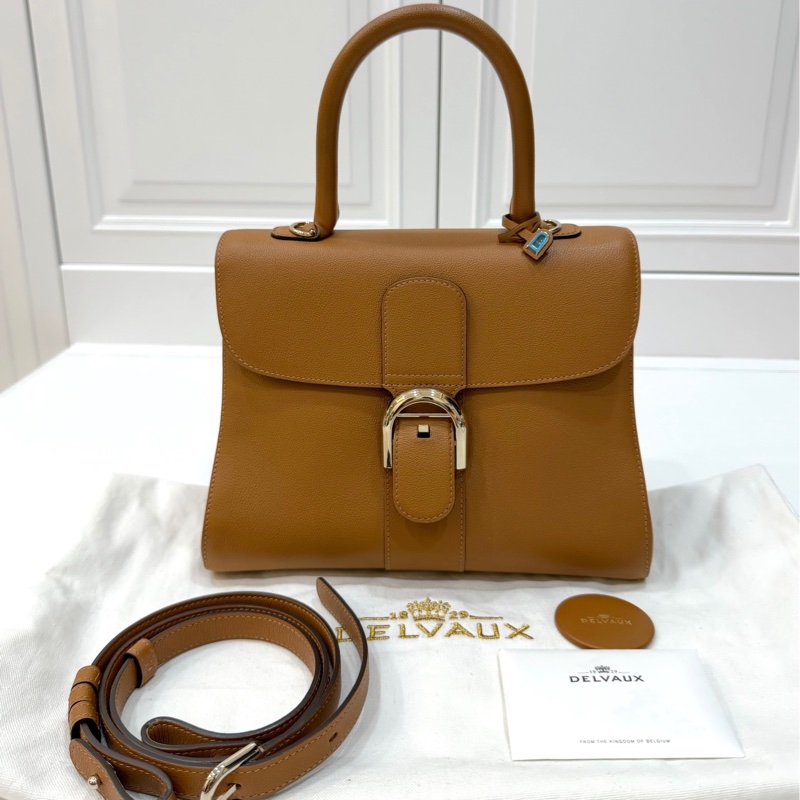 Delvaux 牛皮皮革Brillant MM 金扣 金棕色 手提包 肩背包 側背包 斜背包-1