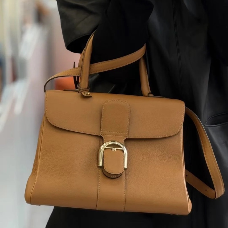 Delvaux 牛皮皮革Brillant MM 金扣 金棕色 手提包 肩背包 側背包 斜背包-4