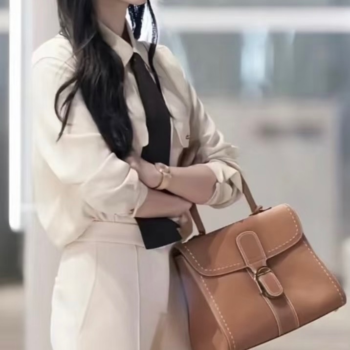 Delvaux 牛皮皮革Brillant MM 金扣 金棕色 手提包 肩背包 側背包 斜背包-6