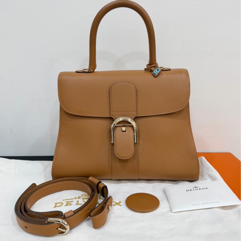 Delvaux 牛皮皮革Brillant MM 金扣 金棕色 手提包 肩背包 側背包 斜背包-11