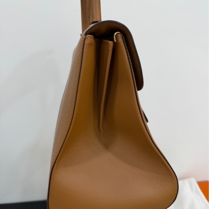 Delvaux 牛皮皮革Brillant MM 金扣 金棕色 手提包 肩背包 側背包 斜背包-18