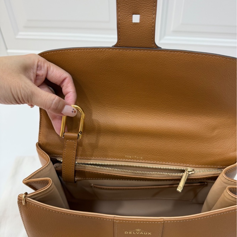 Delvaux 牛皮皮革Brillant MM 金扣 金棕色 手提包 肩背包 側背包 斜背包-29