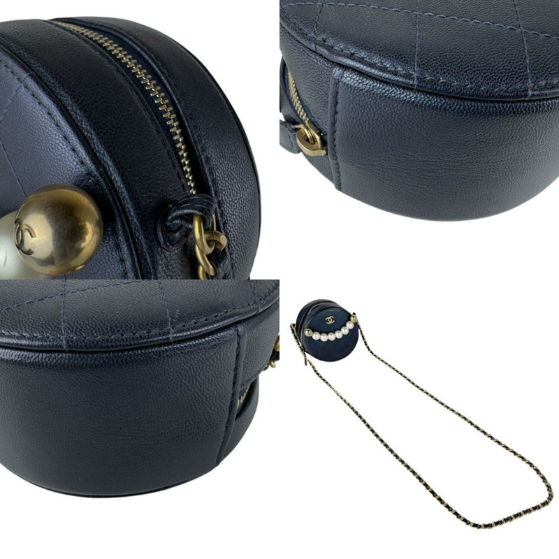 香奈兒女士皮革單肩包，飾以人造珍珠和海軍藍，Z7771-3