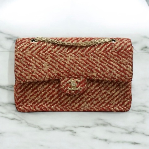 「JL精品代購」98新 Chanel 香奈兒 紅金毛呢 cf25
