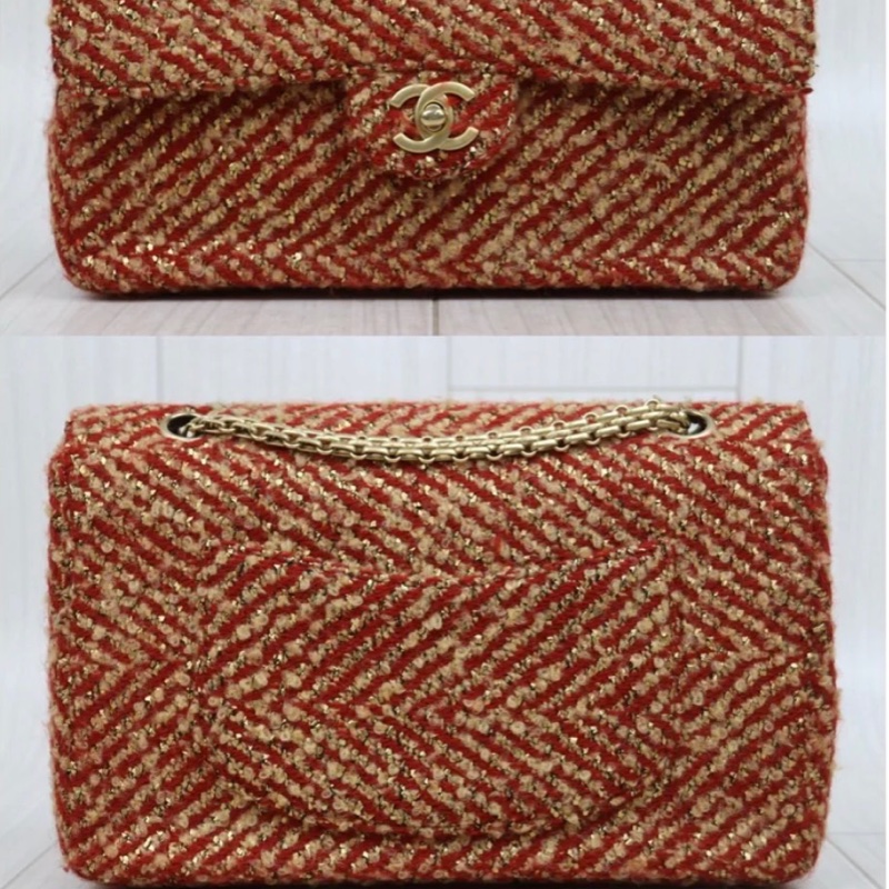 「JL精品代購」98新 Chanel 香奈兒 紅金毛呢 cf25-1