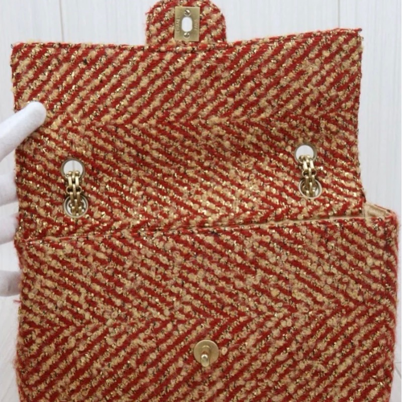 「JL精品代購」98新 Chanel 香奈兒 紅金毛呢 cf25-8