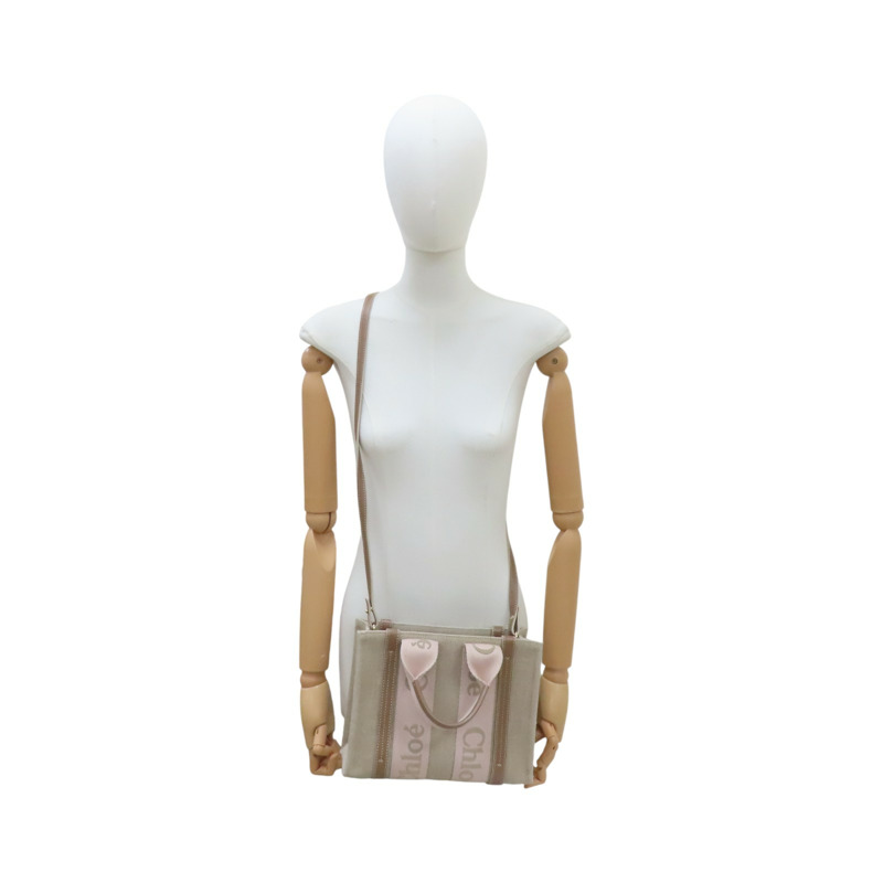 米色帆布 棕色牛皮 woody 肩背包【Chloe 克羅伊】 CHC23AS397-11