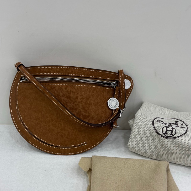 HERMES/愛馬仕金棕金扣course月亮馬鞍包 W刻 全新-0
