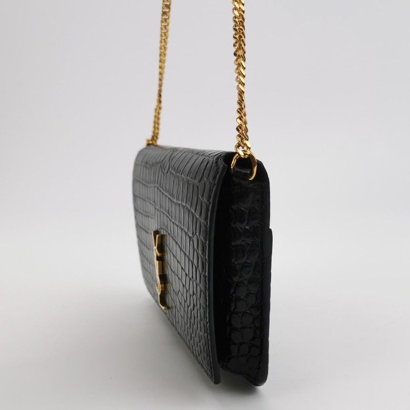 YSL 黑金鱷魚壓紋 woc 肩背包斜背包-1
